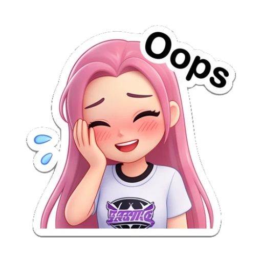 Pink-haired girl blushing shyly with text Oops Pinky Pop Adventures sticker for expressive chats and social replies.