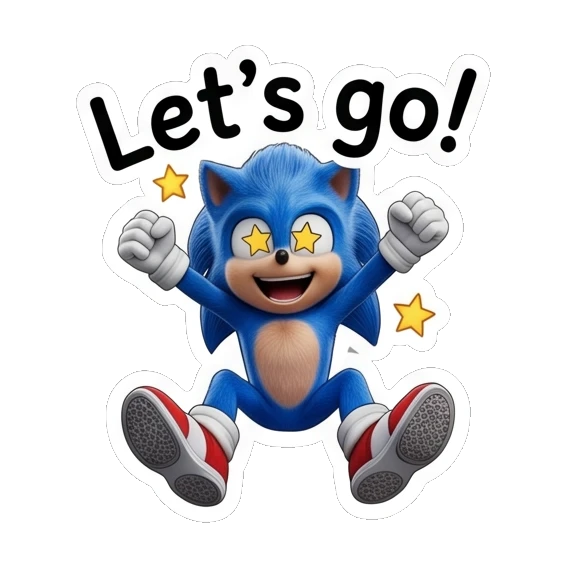 Sonic jumping with excitement with Let's go text Sonic Expressive Vibes sticker for expressive chats and social replies.
