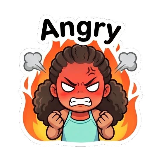 卷发女孩愤怒咆哮，背景有火焰 Curly Haired Girl Expressions sticker for expressive chats and social replies.