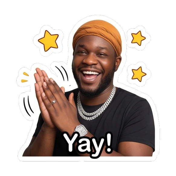Man in durag clapping hands with stars, excited, text Yay! Daily Vibes with Durag Guy sticker for expressive chats and social replies.