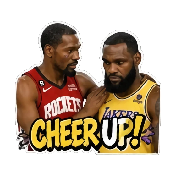 Two players comforting each other, supportive, text CHEER UP. Basketball Legends Duo sticker for expressive chats and social replies.