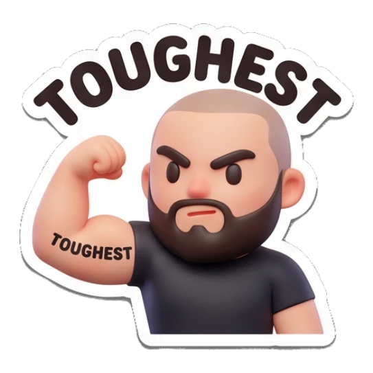 Bearded man flexing his arm muscle, text TOUGHEST Bearded Buddy Expressions sticker for expressive chats and social replies.