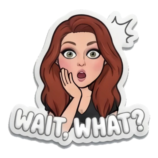 Red-haired girl looking shocked with hands on cheeks, text WAIT WHAT Red-Haired Girl Daily Moods sticker for expressive chats and social replies.