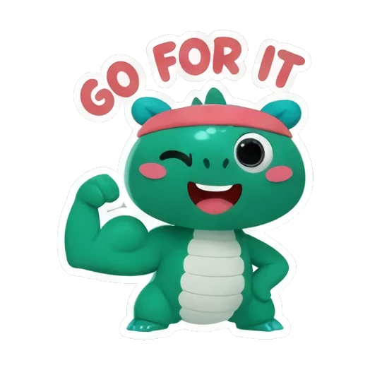 Green dinosaur flexing muscles with GO FOR IT text Little Green Dino Adventures sticker for expressive chats and social replies.