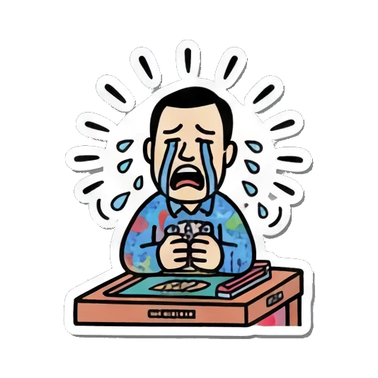Man cries at mahjong table with tears flowing down. Mahjong Master Daily sticker for expressive chats and social replies.