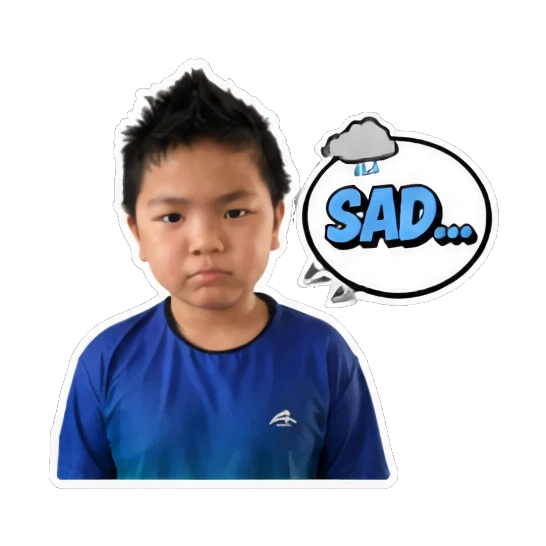 Young boy looking sad with 'SAD...' text Energetic Boy Daily Expressions sticker for expressive chats and social replies.