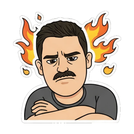 Mustache man looking angry with fire background Mustache Man Daily Vibes sticker for expressive chats and social replies.