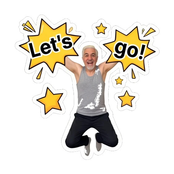 Man jumping in the air with stars and 'Let's go!' text. Silver Fox Daily Vibes sticker for expressive chats and social replies.