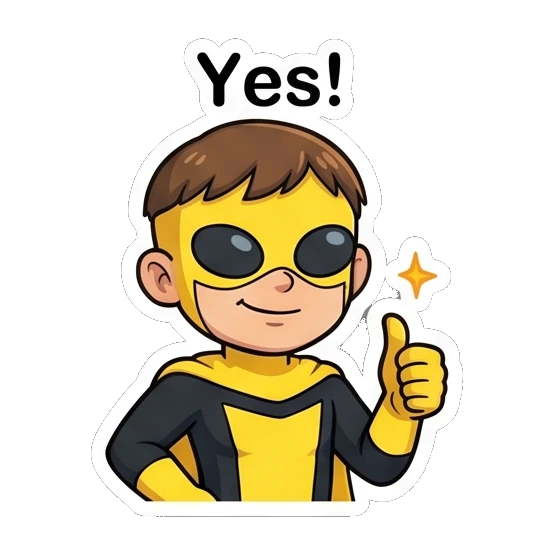 Superhero boy giving a confident thumbs-up gesture. Yellow Hero Adventures sticker for expressive chats and social replies.