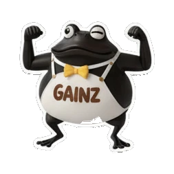 Chocolate frog posing with muscles and GAINZ text Choco Froggy Adventures sticker for expressive chats and social replies.