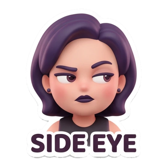 Skeptical girl giving a side eye with text SIDE EYE Modern Chic Girl Expressions sticker for expressive chats and social replies.