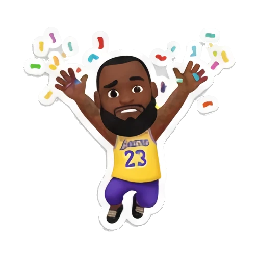 詹姆斯张开双臂庆祝，表情欢快，周围有彩色纸屑 King James Court Vibes sticker for expressive chats and social replies.
