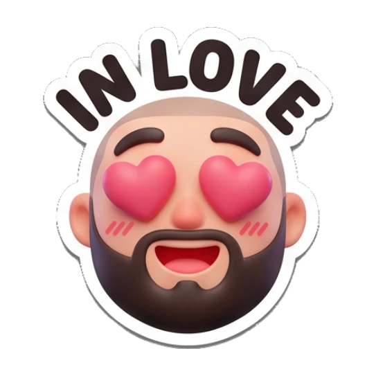Bearded man with heart-shaped eyes, text IN LOVE Bearded Buddy Expressions sticker for expressive chats and social replies.