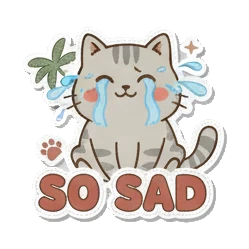Crying cat with SO SAD text Cozy Tabby Daily sticker for expressive chats and social replies.