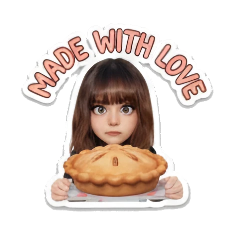 Girl chef holding pie, loving, MADE WITH LOVE Little Chef Adventures sticker for expressive chats and social replies.