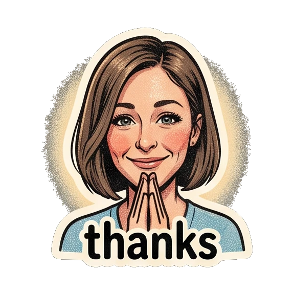 Young woman praying with gratitude with 'thanks' text Retro Comic Girl Expressions sticker for expressive chats and social replies.