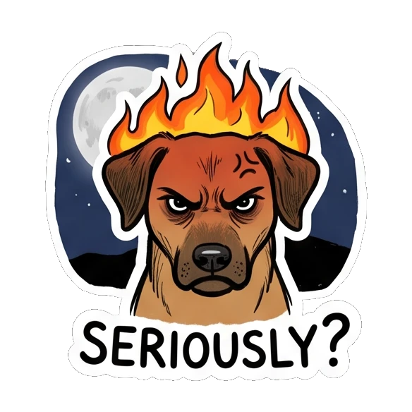 Brown dog looking angry with fire on its head. Brown Dog Daily Moods sticker for expressive chats and social replies.