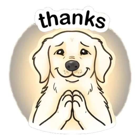 Grateful golden retriever with hands together and glowing aura with text 'thanks' Golden Retriever Daily Vibes sticker for expressive chats and social replies.