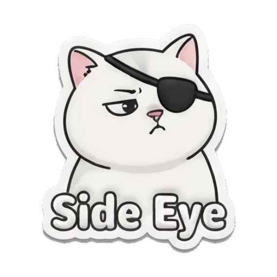 White cat pirate with eye patch looking annoyed, Side Eye Spooky Cute Cat Halloween Vibes sticker for expressive chats and social replies.