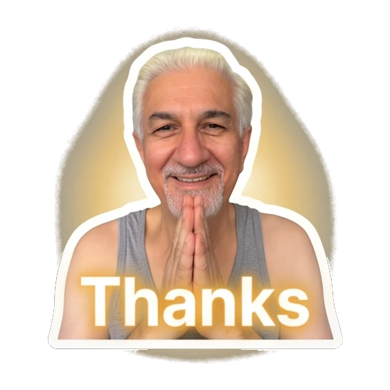 Man with hands together in prayer pose and 'Thanks' text. Silver Fox Daily Vibes sticker for expressive chats and social replies.