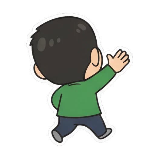 Boy waving goodbye from behind Cheerful Green Shirt Boy sticker for expressive chats and social replies.