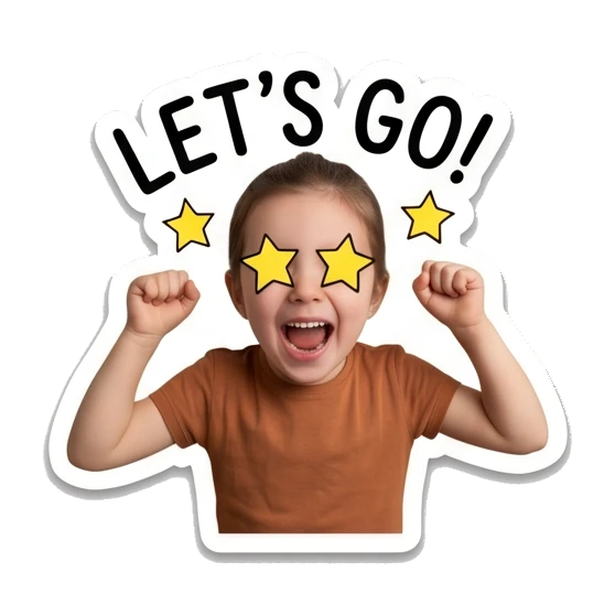 Young girl cheering with star-shaped eyes. Little Girl Daily Expressions sticker for expressive chats and social replies.
