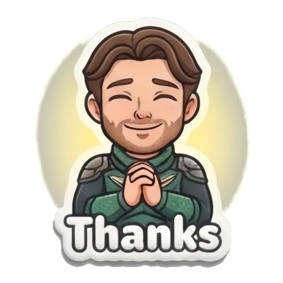 Grateful hero with hands clasped together saying Thanks. Heroic Daily Vibes sticker for expressive chats and social replies.