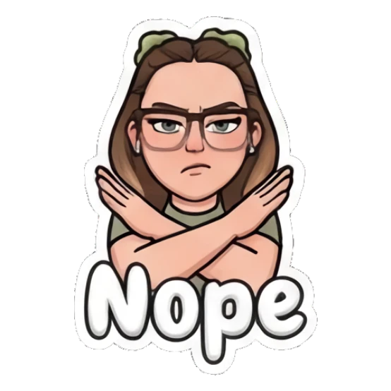 Girl with glasses crossing arms in denial, text Nope My Daily Moods sticker for expressive chats and social replies.