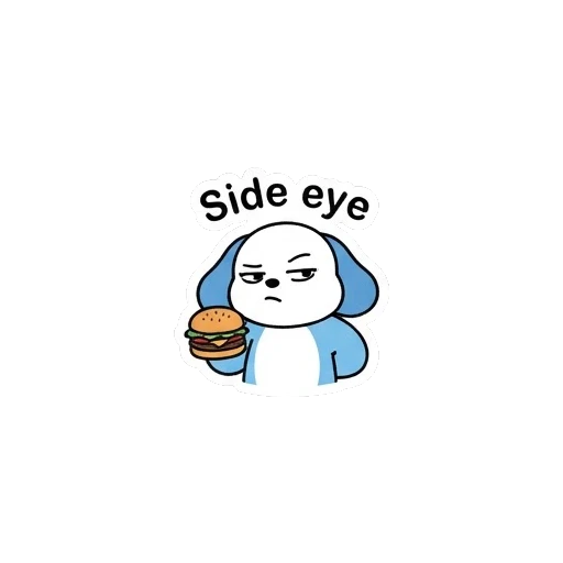 Skeptical puppy giving side eye with burger Blue Puppy Burger Buddy sticker for expressive chats and social replies.