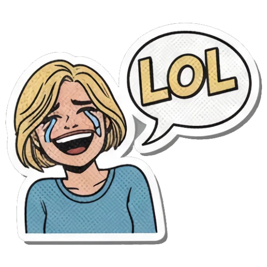 Blonde girl laughing with "LOL" Retro Slang Girl sticker for expressive chats and social replies.