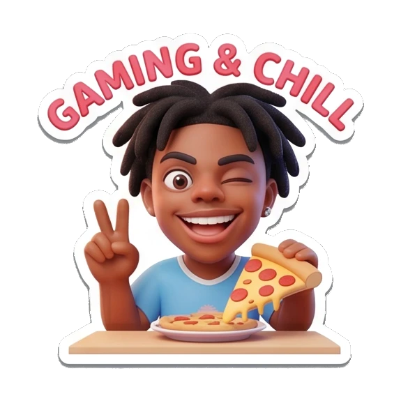 Gamer boy eating pizza, text 'GAMING & CHILL' Gamer Life Adventures sticker for expressive chats and social replies.