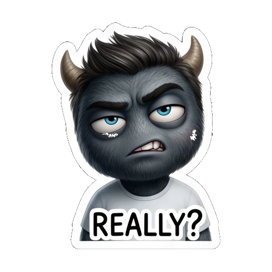 Male monster looking skeptical with narrowed eyes, labeled REALLY? Furry Monster Family Life sticker for expressive chats and social replies.