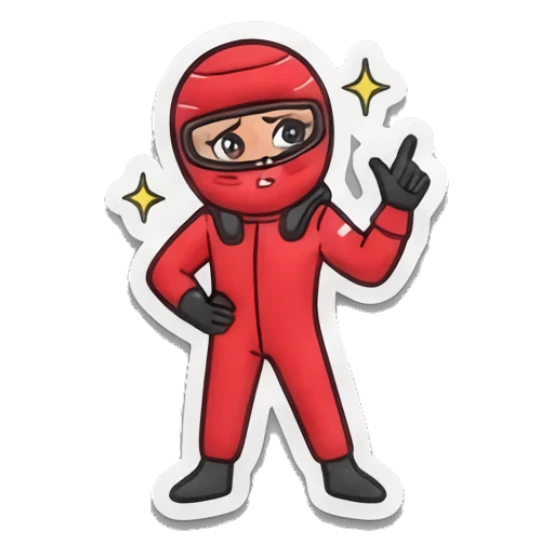 Racer pointing up with a confident pose Red Racer Mascot sticker for expressive chats and social replies.