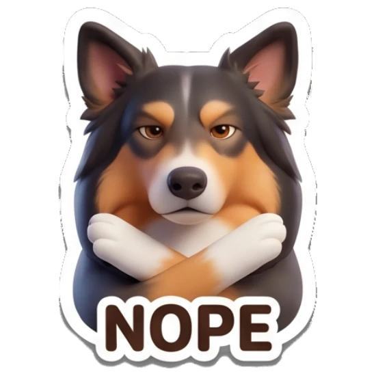 Border Collie looking stern with crossed arms, text NOPE Cheerful Border Collie Expressions sticker for expressive chats and social replies.