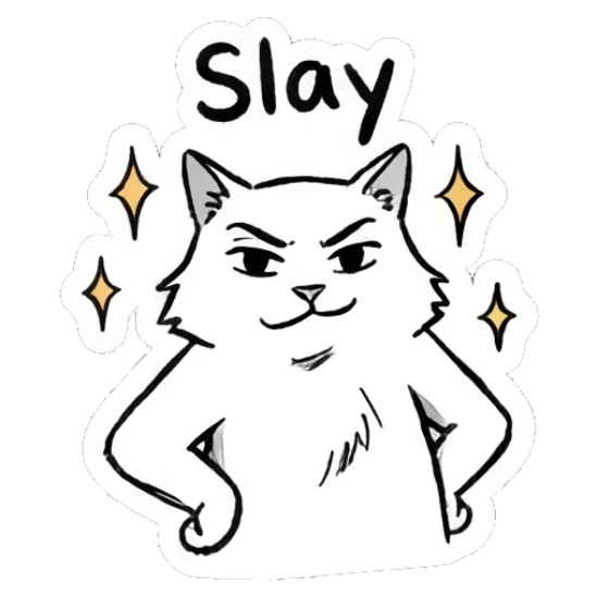Cat standing with hands on hips in a confident pose, text Slay Quirky Doodle Cat Moods sticker for expressive chats and social replies.