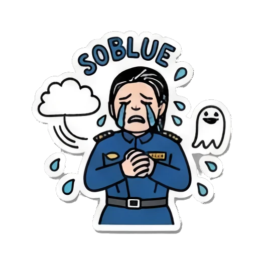 Crying sadly, feeling 'SOBLUE' Officer's Daily Moods sticker for expressive chats and social replies.