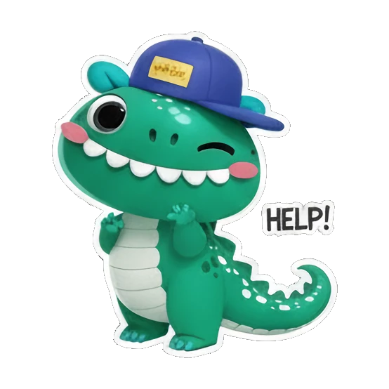 Cool dino wearing a blue cap with HELP text Cheerful Green Dino Adventures sticker for expressive chats and social replies.