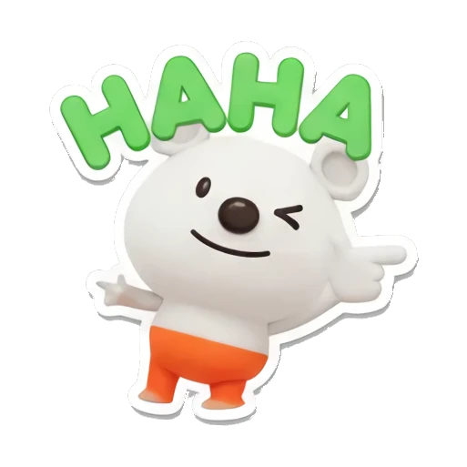 Polar bear cub points and laughs with HAHA text, leaning sideways. Cheerful Polar Bear Cub sticker for expressive chats and social replies.