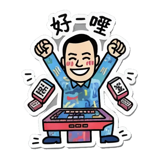 Man at table raises arms in victory with '好一哩' text. Mahjong Master Daily sticker for expressive chats and social replies.