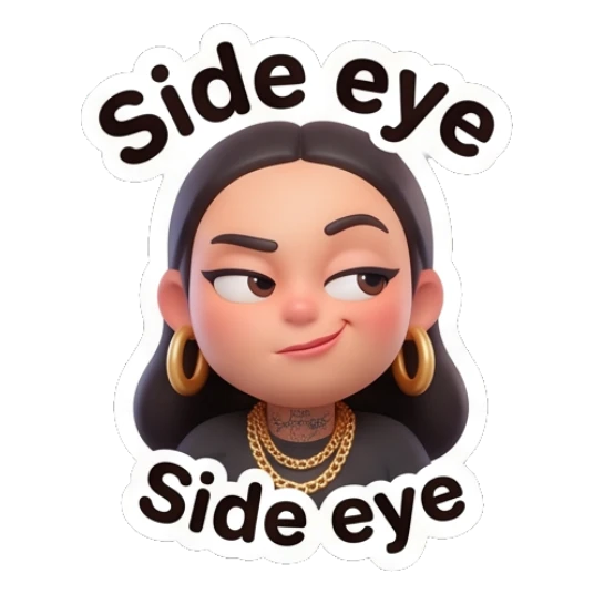 Girl giving a skeptical side-eye look, text Side eye. Chic Urban Girl Vibes sticker for expressive chats and social replies.