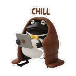 Chill chocolate frog wrapped in a blanket with CHILL text Choco Froggy Adventures sticker for expressive chats and social replies.