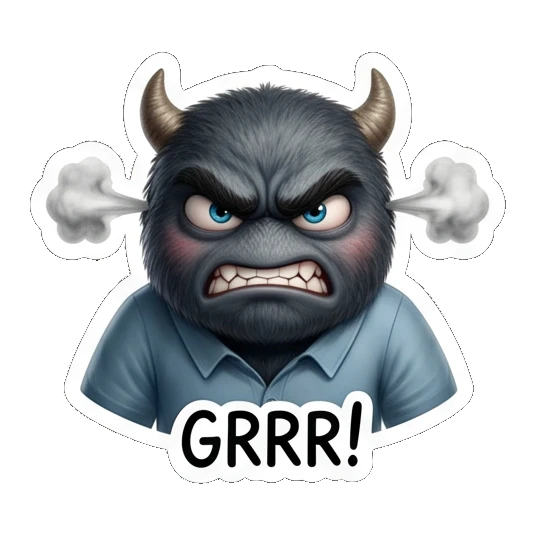 Angry male monster with steam coming out of ears, labeled GRRR! Furry Monster Family Life sticker for expressive chats and social replies.