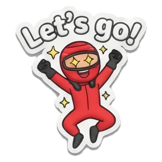 Racer jumping with excitement and star eyes Red Racer Mascot sticker for expressive chats and social replies.