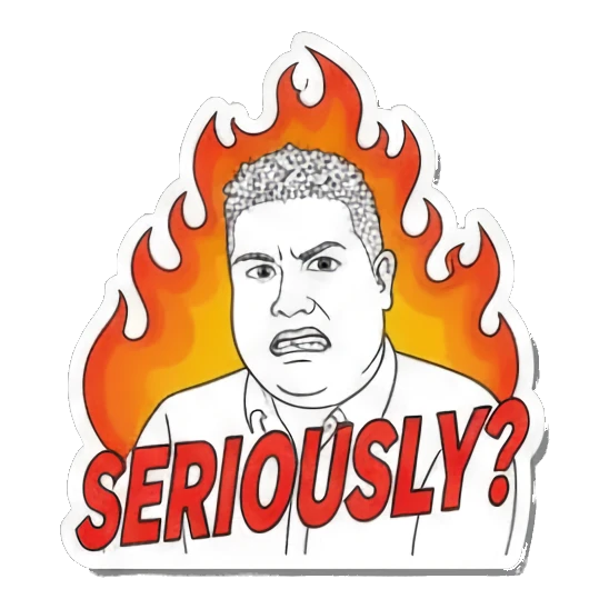 Man looking angry with fire background and Seriously text Office Guy Daily Vibes sticker for expressive chats and social replies.