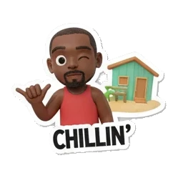 Surfer man relaxing by beach hut, text CHILLIN! Surfing Dude Vibes sticker for expressive chats and social replies.