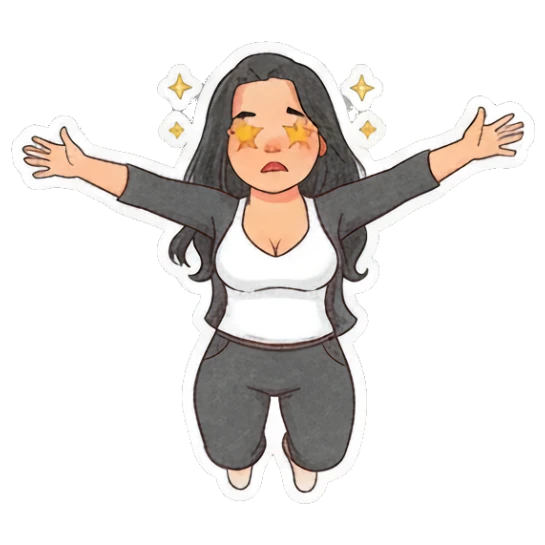 Young woman with star-shaped eyes and arms outstretched. Modern Girl Daily Expressions sticker for expressive chats and social replies.