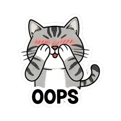 Gray cat looking embarrassed and blushing saying OOPS Gray Tabby Moods sticker for expressive chats and social replies.