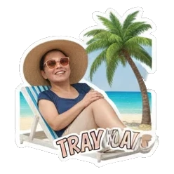 Relaxing on beach, 'TRAY LA LA' Travel Adventures sticker for expressive chats and social replies.