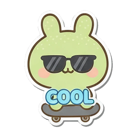 Cool bunny wearing sunglasses on skateboard Minty Bunny Moods sticker for expressive chats and social replies.