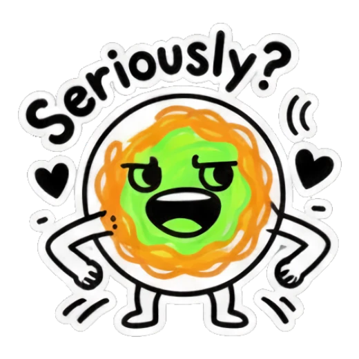 Spaghetti character looking confident with 'Seriously?' text. Spaghetti Doodle Pals sticker for expressive chats and social replies.